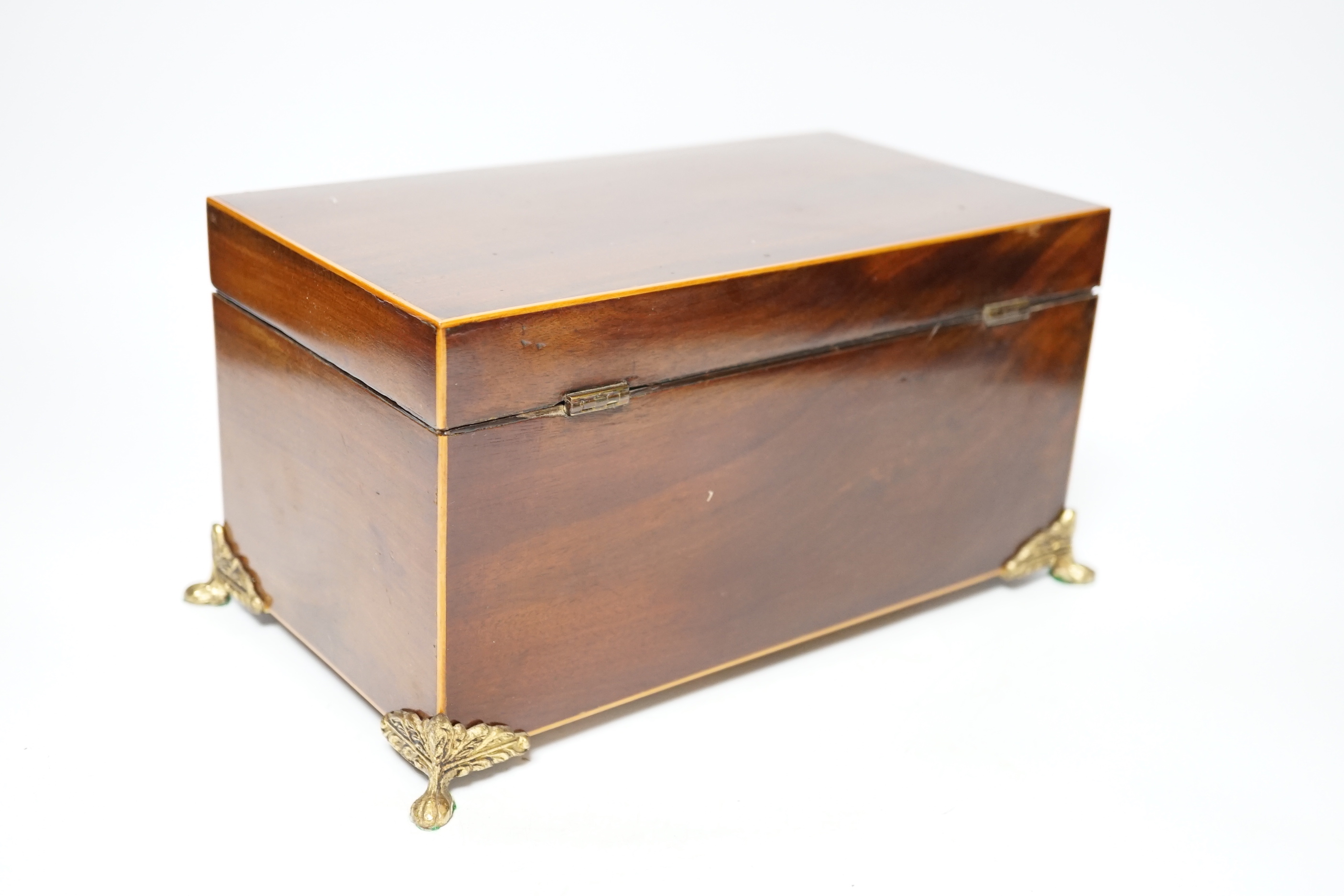 An early 19th century boxwood strung mahogany tea caddy, ivory inlay, 28cm wide CITES Submission reference 5DS6M1FP